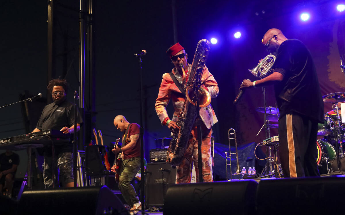 Angelo Moore of Fishbone, center, performs during the Punk Rock Bowling music festival on Satur ...