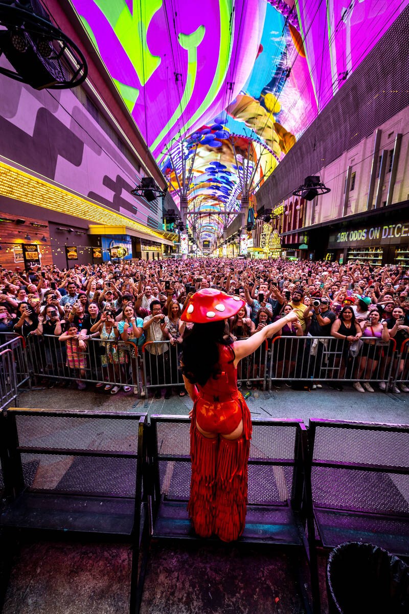 Pop star and Resorts World Theater headliner Katy Perry appears at Fremont Street Experience to ...