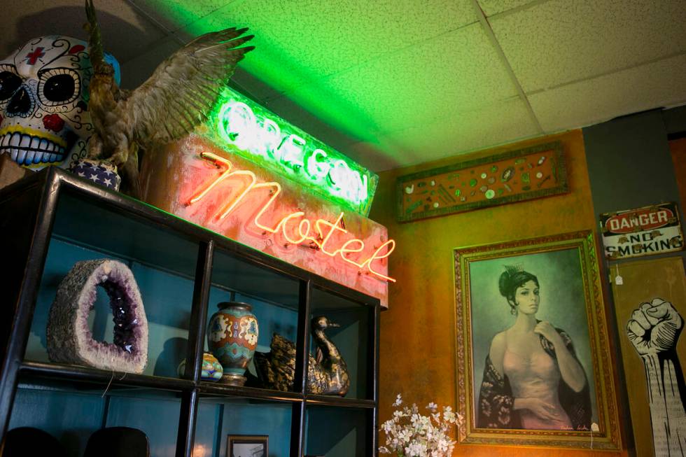 A Taxidermied hawk, top left corner, previously housed by Lonnie Hammargren, is seen at Modern ...