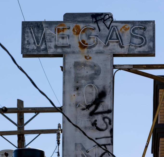 A defunct neon sign among power poles in the Arts District. (L.E. Baskow/Las Vegas Review-Journal)