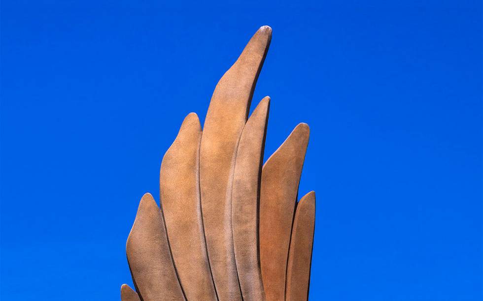 Wing of one of the mythical creatures standing sentry outside Mandalay Bay. (L.E. Baskow/Las Ve ...