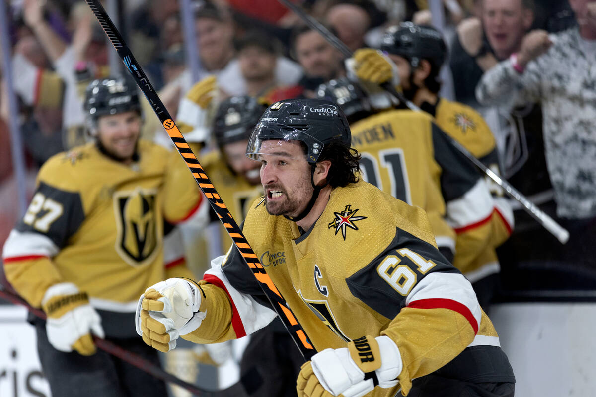 Golden Knights right wing Mark Stone (61) skates for the bench after scoring during the third p ...