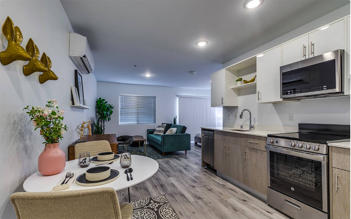 The nearly 500 square-foot apartments have a single floor plan and feature modern design elemen ...