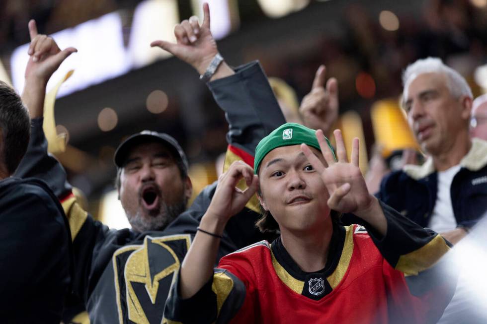 Golden Knights cheer after right wing Mark Stone scored during the third period in Game 1 of th ...