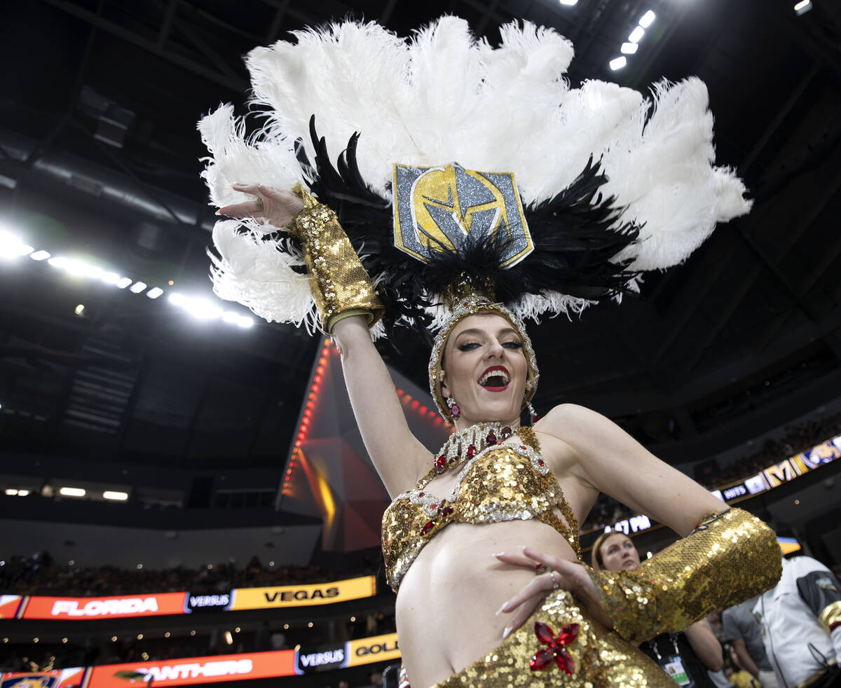 A Vegas Belle dances in the stands before Game 1 of the NHL hockey Stanley Cup Finals between t ...