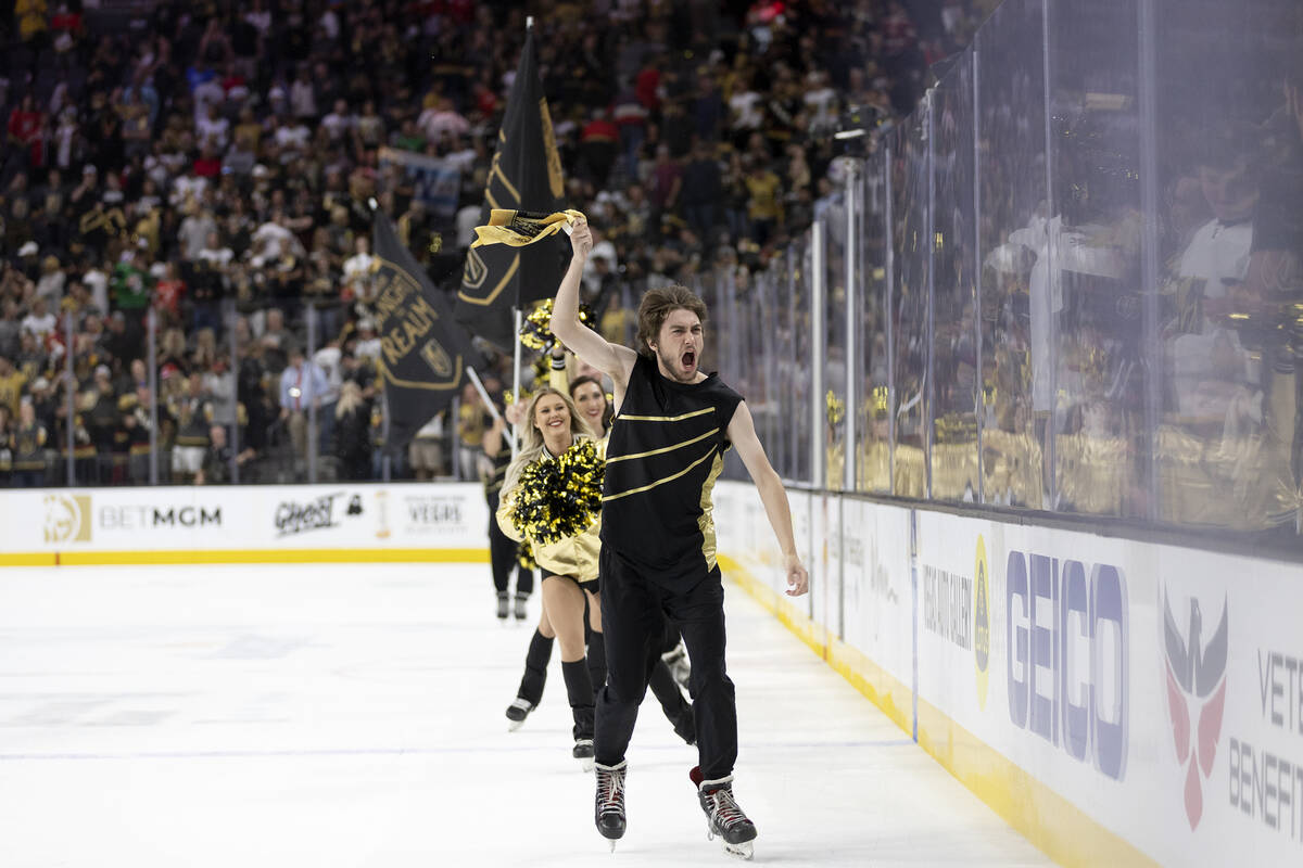 The Knights Guard celebrates after the Golden Knights won Game 1 of the NHL hockey Stanley Cup ...