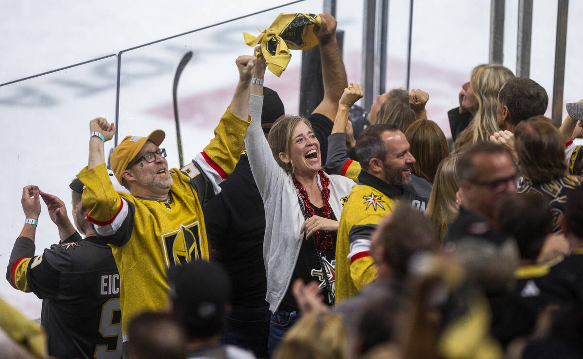 Golden Knights fans celebrate a score against the Florida Panthers during the third period in G ...