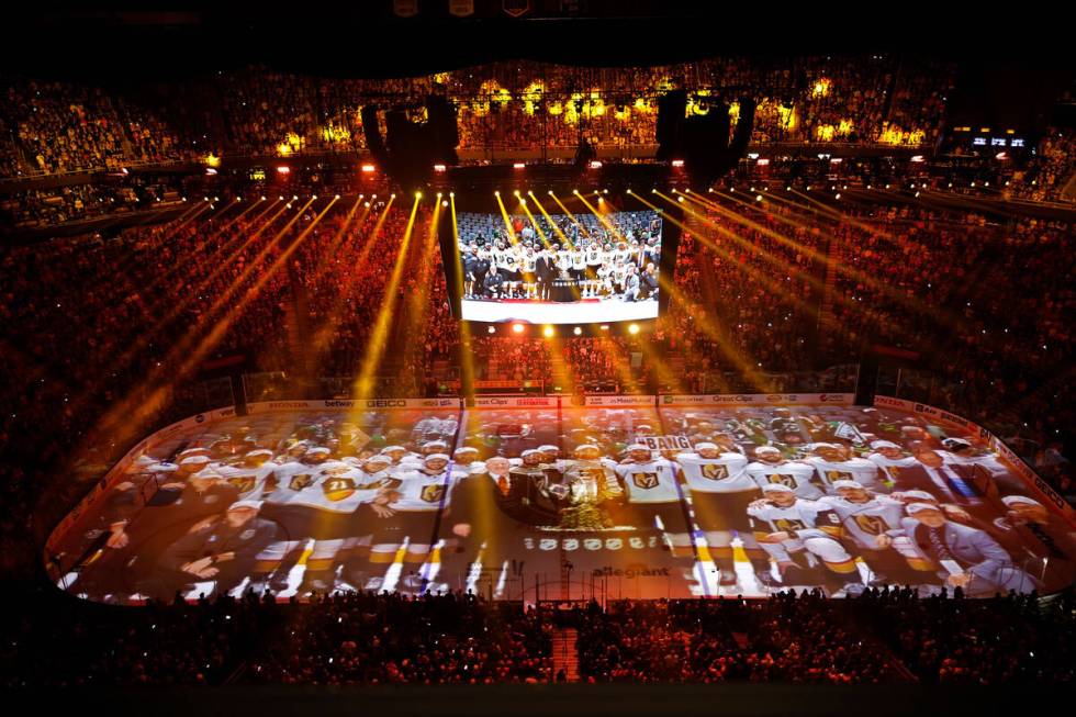 A projection is seen on the ice during the pre-game show before Game 1 of the NHL hockey Stanle ...