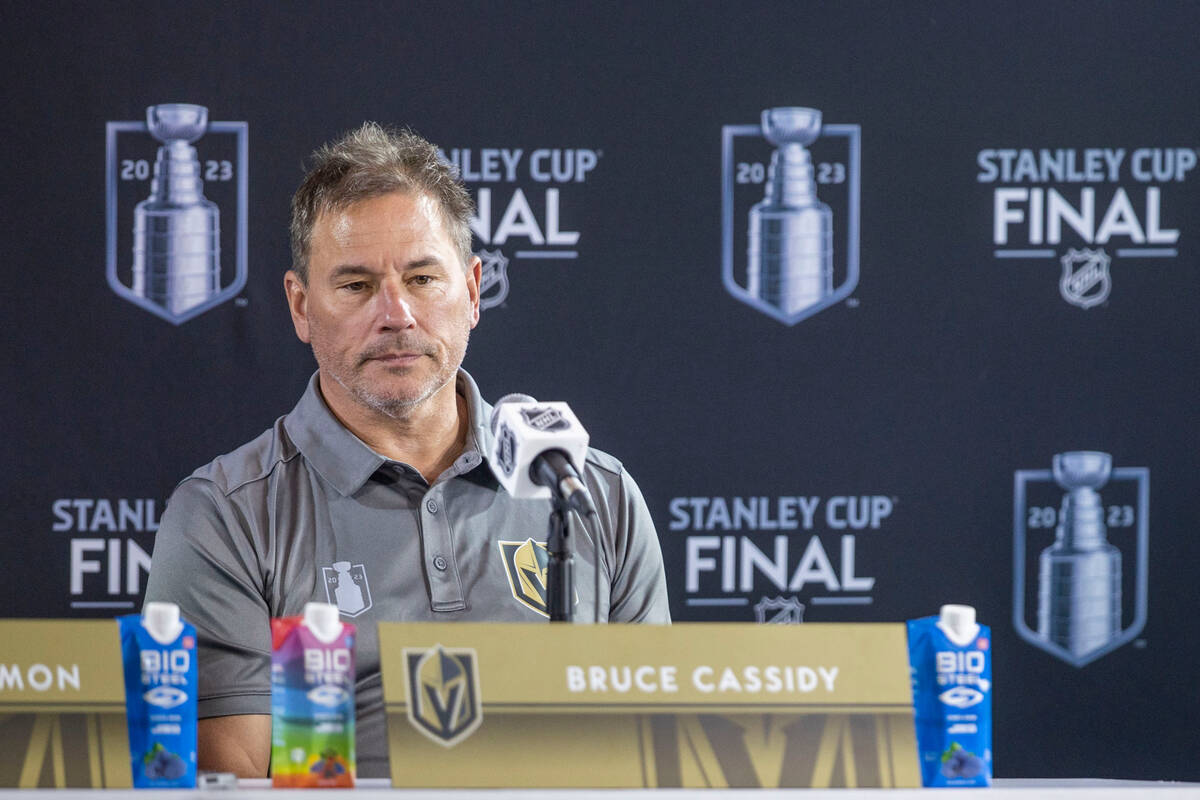 Golden Knights head coach Bruce Cassidy attends a news conference during a Stanley Cup media da ...