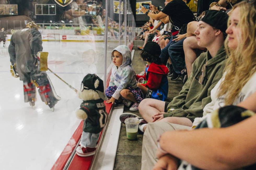 Elise Simmons, 3, watches the Golden Knights practice on Friday, June 2, 2023, at City National ...