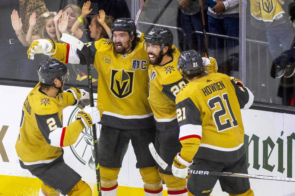 Golden Knights defenseman Zach Whitecloud (2), right wing Mark Stone (61), center Chandler Step ...