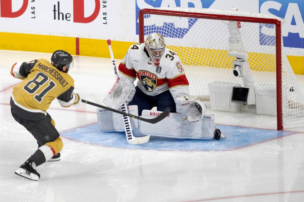 Golden Knights right wing Jonathan Marchessault (81) scores on Florida Panthers goaltender Alex ...