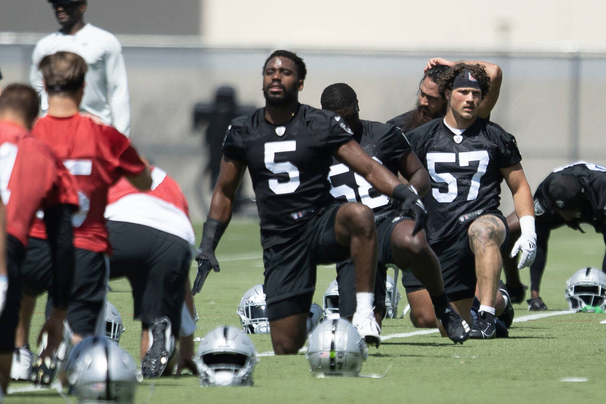Raiders linebacker Divine Deablo (5) stretches during the team’s mandatory minicamp at t ...