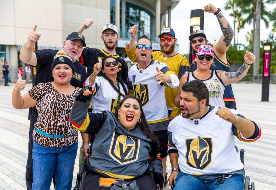 Golden Knights fans cheer outside before Game 3 of the NHL hockey Stanley Cup Final series agai ...