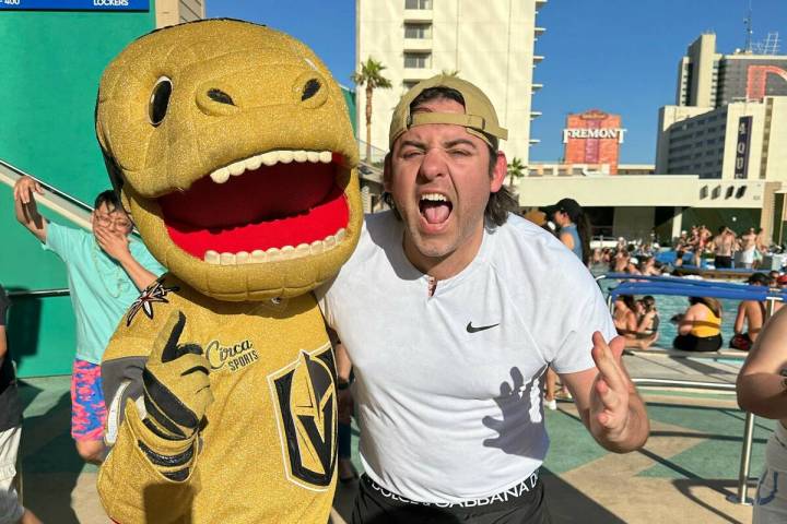 Jon Grace with Golden Knights mascot Chance at Stadium Swim at Circa. (Jon Grace)