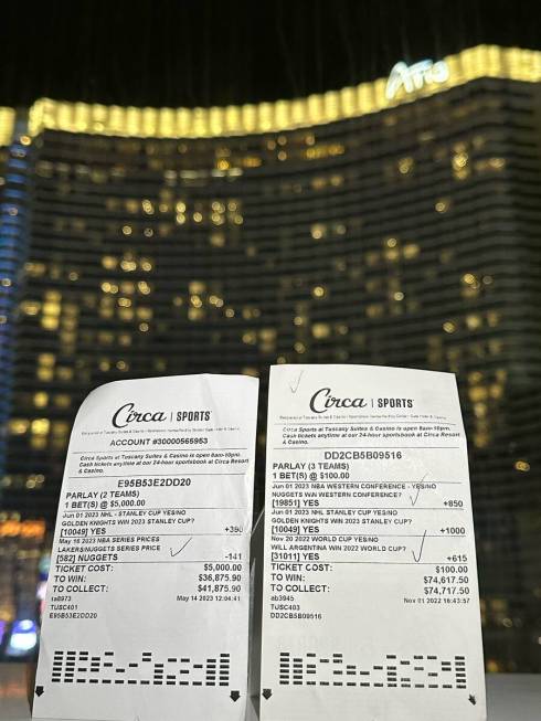 Two of Jon Grace's parlay tickets that are tied to the Golden Knights winning the Stanley Cup. ...
