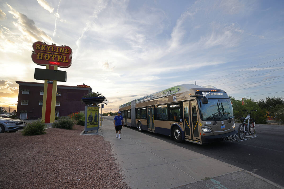 A bus stops in front of Skyline Hotel on Boulder Highway, Friday, June 9, 2023, in Henderson. ( ...