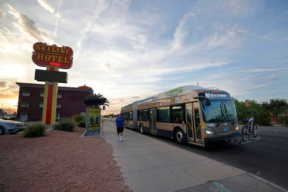 A bus stops in front of Skyline Hotel on Boulder Highway, Friday, June 9, 2023, in Henderson. ( ...