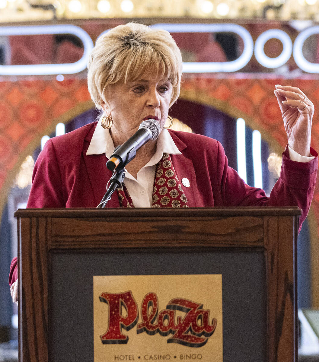 City of Las Vegas Mayor Carolyn Goodman speaks prior to a ribbon cutting ceremony at the Plaza ...