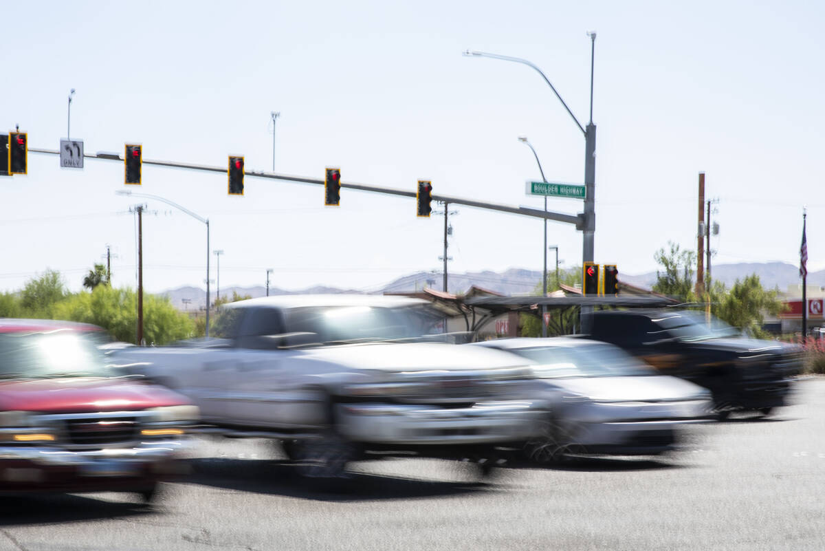 Cars traveling along Lake Mead Parkway cross the Boulder Highway on Thursday, June 8, 2023, in ...