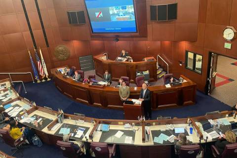 Lawmakers sit at their desks in the Nevada state Senate chambers on Wednesday, June 7, 2023, in ...