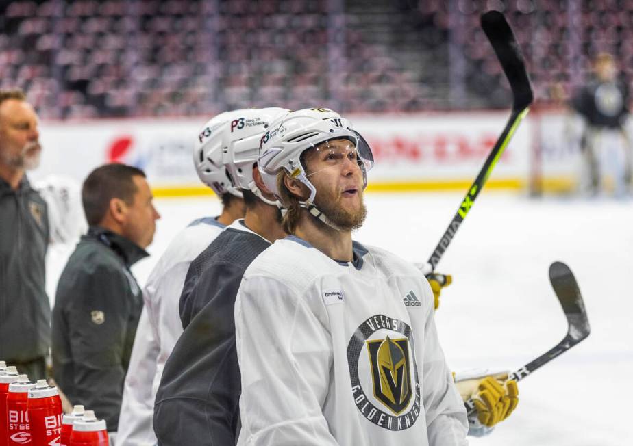 Golden Knights center William Karlsson (71) laughs during the morning skate before Game 4 of th ...