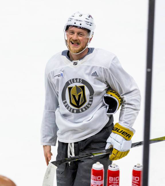 Golden Knights center Jack Eichel (9) laughs at a teammate during the morning skate before Game ...