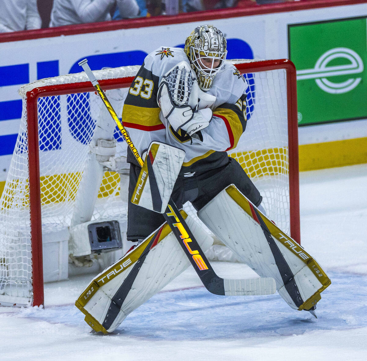 Golden Knights goaltender Adin Hill (33) makes a save against the Florida Panthers in period on ...