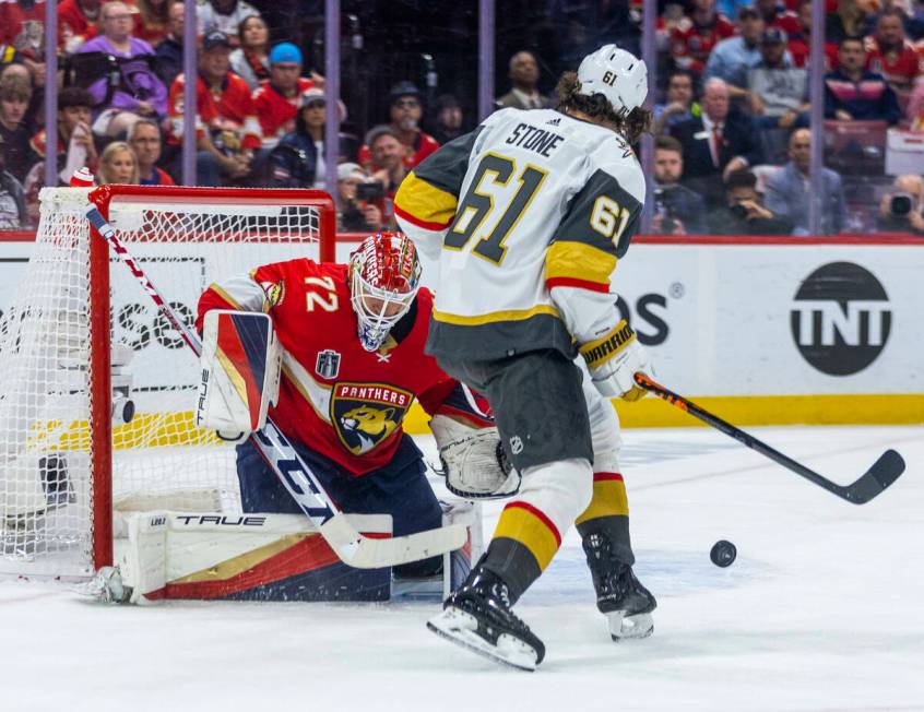 Golden Knights right wing Mark Stone (61) takes shot on Florida Panthers goaltender Sergei Bobr ...