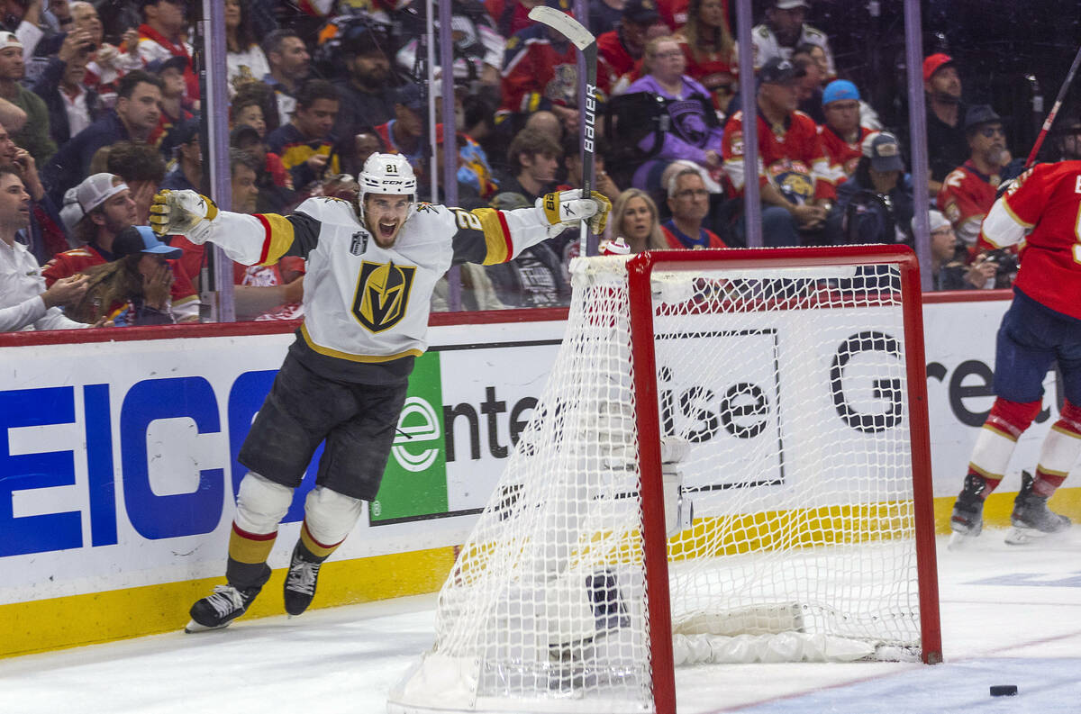 Golden Knights center Brett Howden (21) celebrates after the team scored against the Florida Pa ...