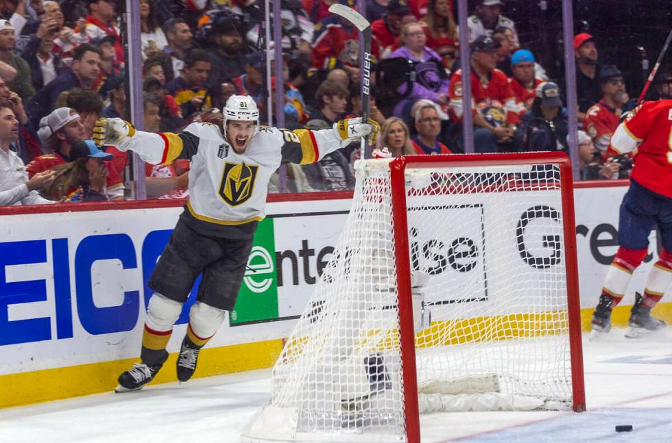 Golden Knights center Brett Howden (21) celebrates after the team scored against the Florida Pa ...