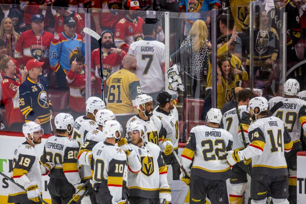 Golden Knights players leave the ice as fans react beating the Florida Panthers 3-2 following p ...