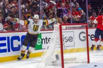 Golden Knights center Brett Howden (21) celebrates a score against the Florida Panthers in peri ...