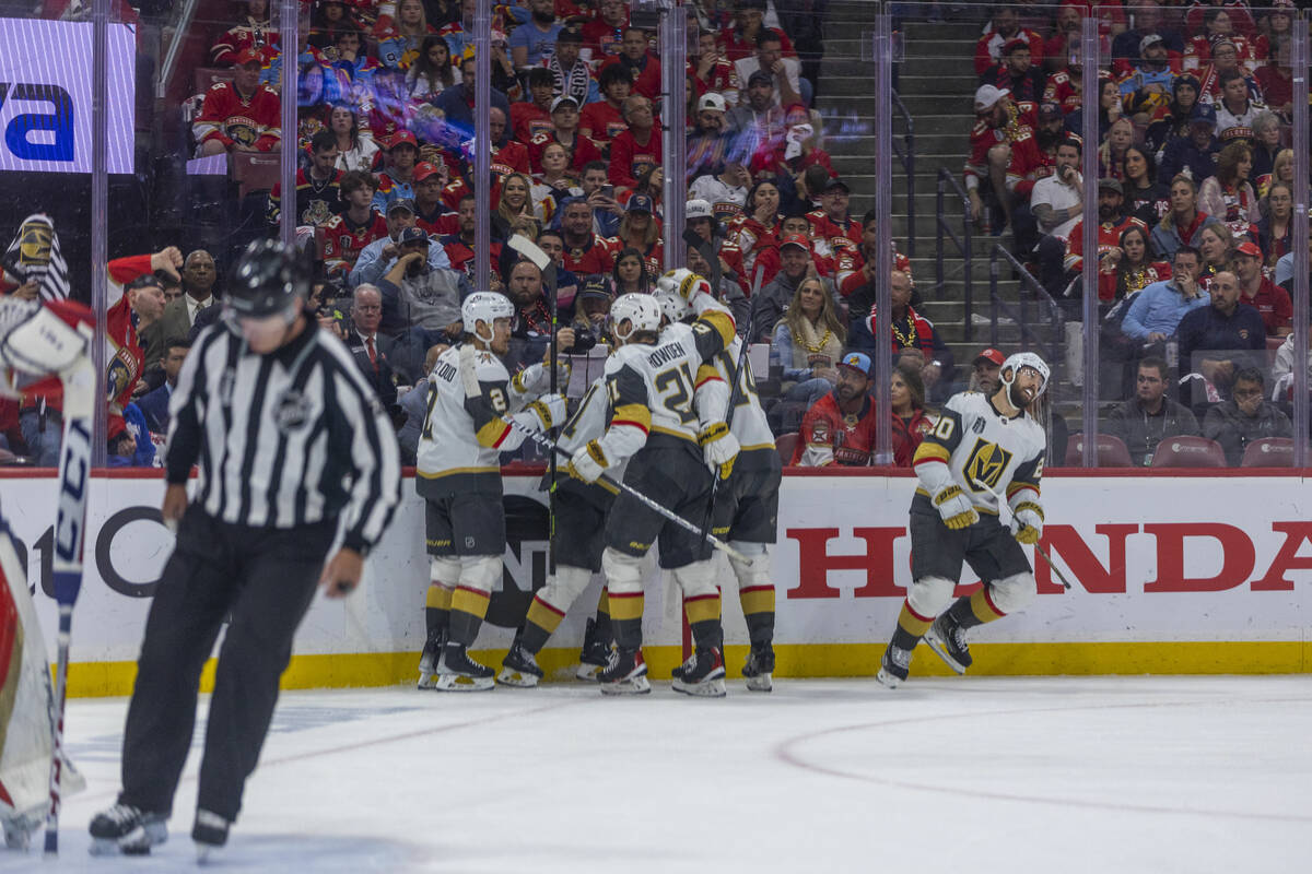 Golden Knights celebrate a score against the Florida Panthers in period 2 of Game 4 of the NHL ...