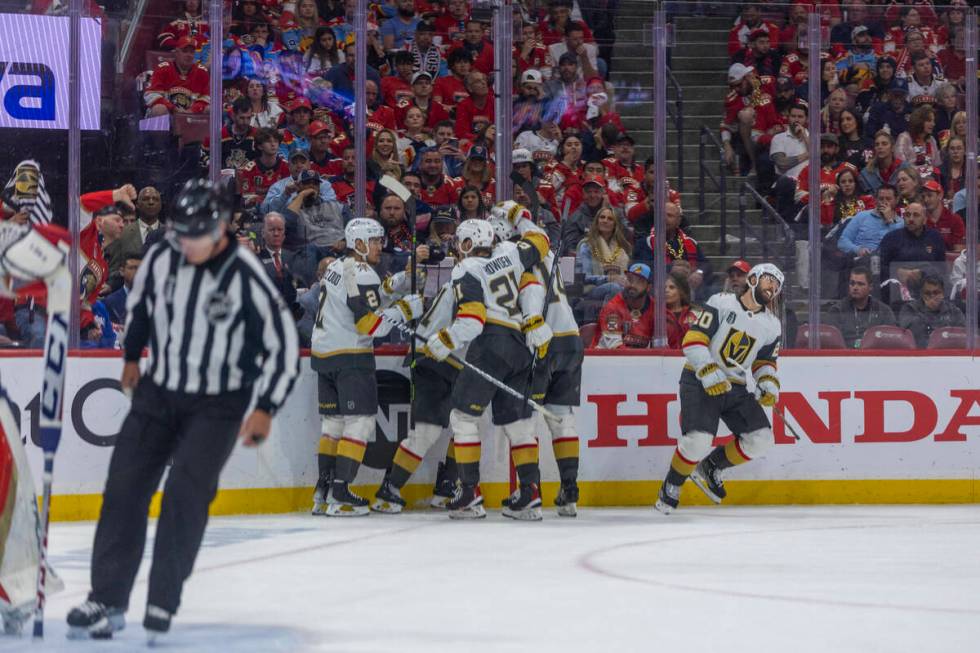 Golden Knights celebrate a score against the Florida Panthers in period 2 of Game 4 of the NHL ...