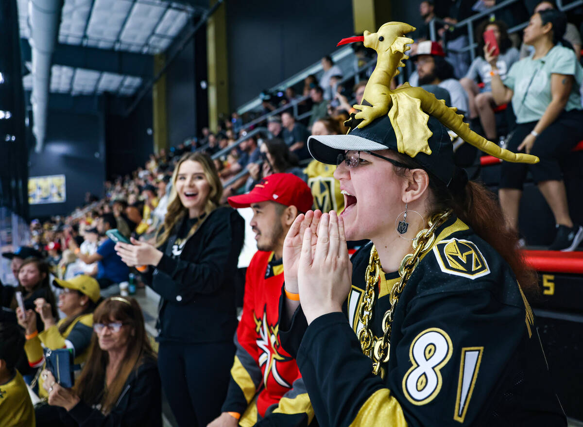 Fan Jourdan Lasko cheers the Golden Knights at practice ahead of home game 5 of the Stanley Cup ...