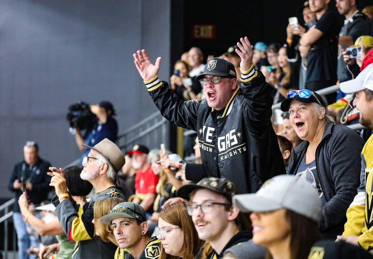 Fan Michael Schwartz cheers the Golden Knights at practice ahead of home game 5 of the Stanley ...