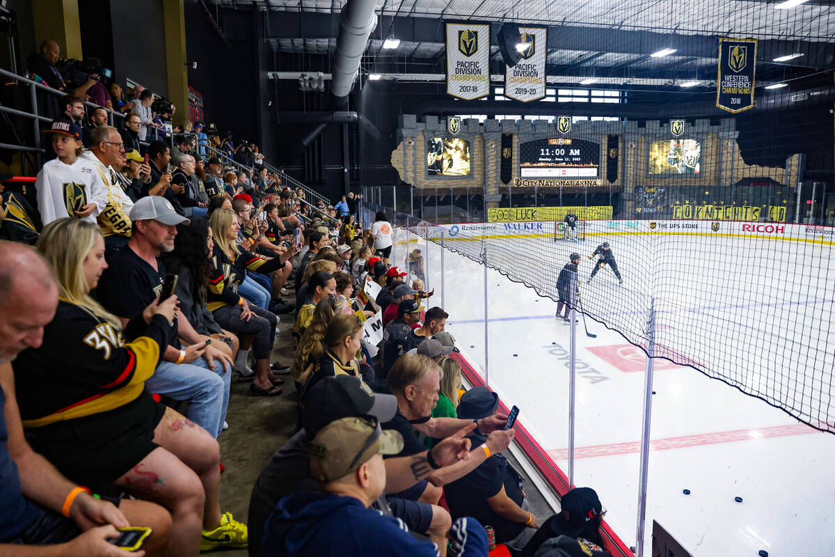 Fans cheer the Golden Knights at practice ahead of home game 5 of the Stanley Cup Finals agains ...