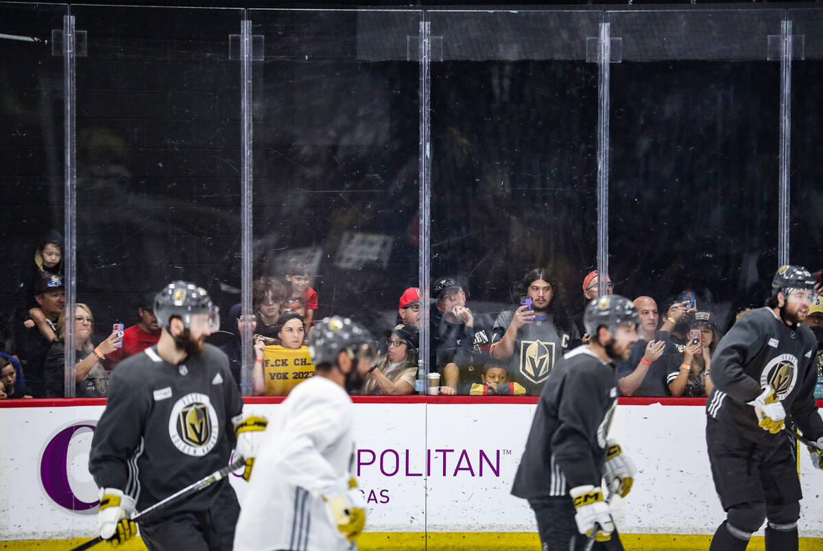 Fans cheer the Golden Knights at practice ahead of home game 5 of the Stanley Cup Finals agains ...