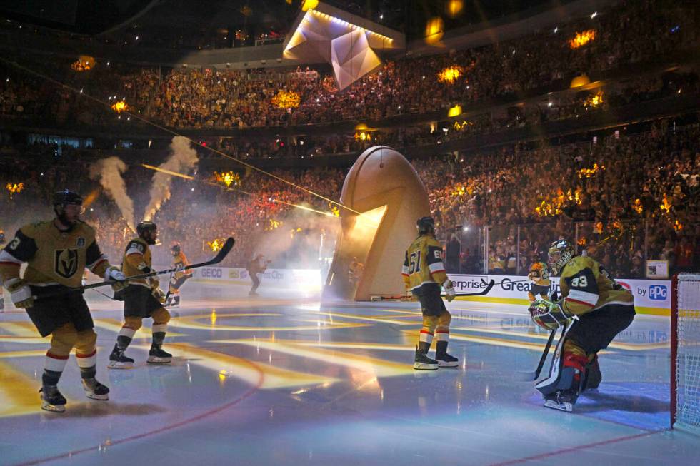 Golden Knights players come out during introductions before the first period in Game 5 of the N ...