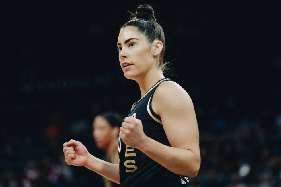 Aces’ guard Kelsey Plum (10) reacts after a referee calls a foul on a Chicago Sky player ...