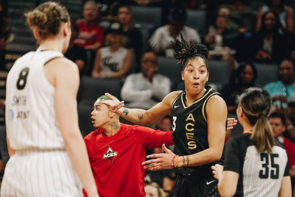 Aces forward/center Candace Parker (3) reacts to a referee calling a foul on her during a game ...