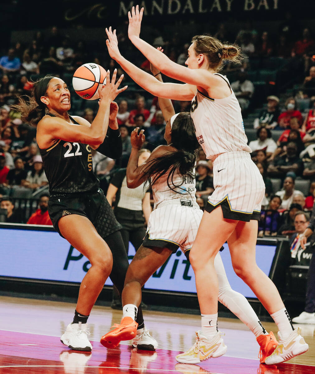 during a game against the Chicago Sky on Sunday, June 11, 2023, at Michelob ULTRA Arena in Las ...