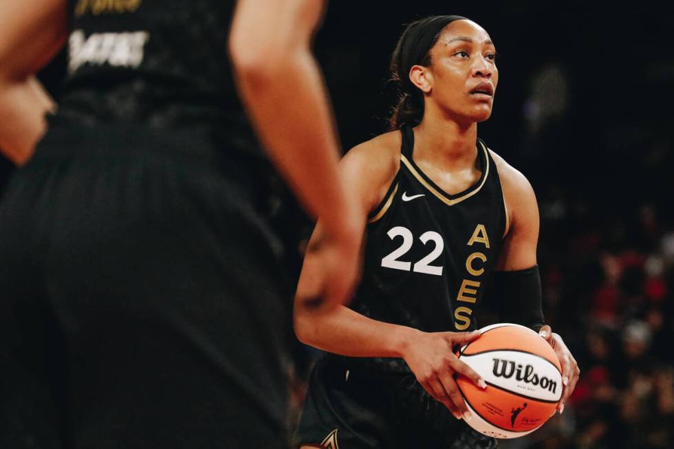 Aces center A’ja Wilson (22) shoots a free throw during a game against the Chicago Sky o ...