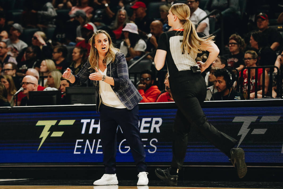 Las Vegas Aces head coach yells at a referee during a game against the Chicago Sky on Sunday, J ...