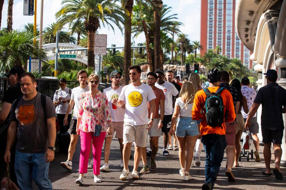 Tourists walk through the strip on Friday, June 2, 2023, in Las Vegas. (Daniel Pearson/Las Vega ...