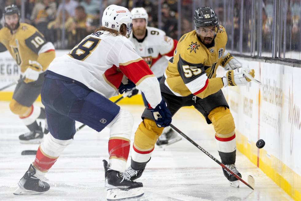 Golden Knights right wing Keegan Kolesar (55) skates for the puck against Florida Panthers defe ...