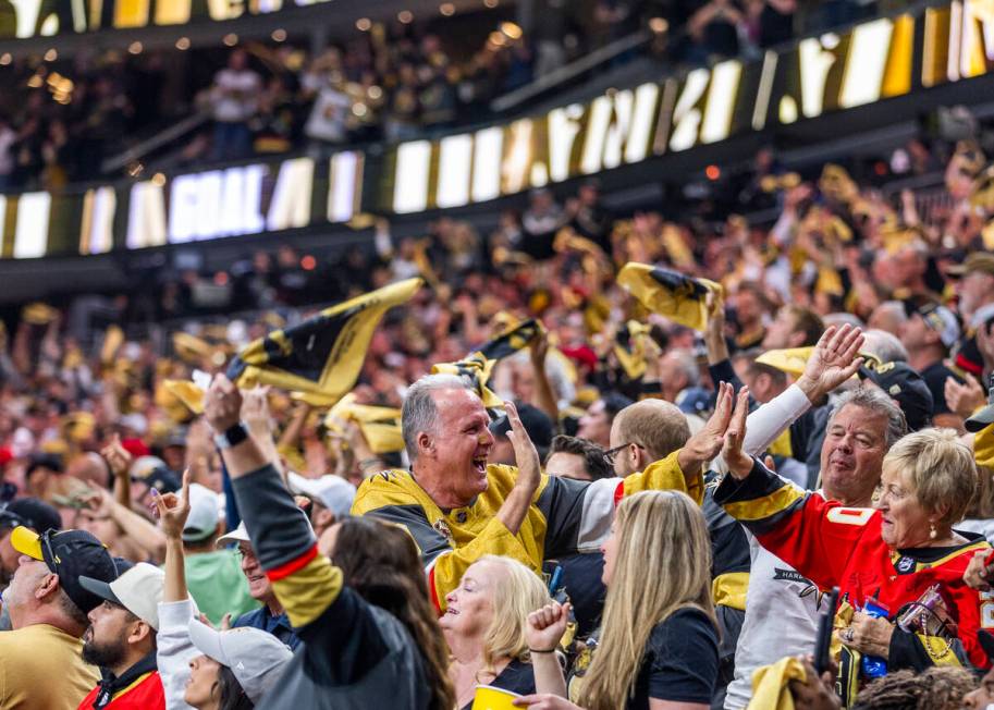 Golden Knights fans celebrate another goal against the Florida Panthers in the third period dur ...