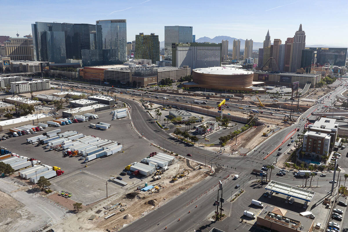 An aerial view of Dean Martin Drive and Tropicana Avenue just west of the Strip is shown on Apr ...