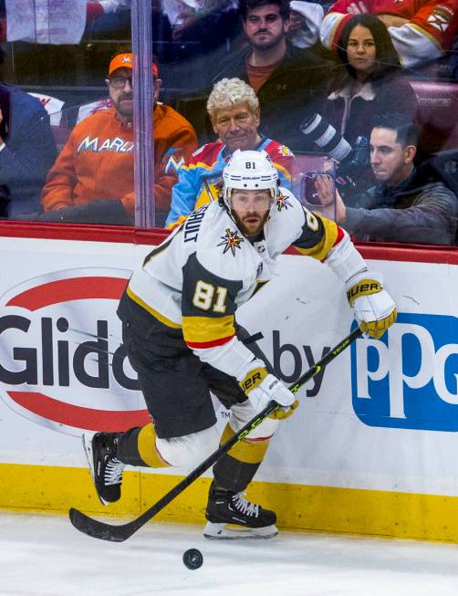 Golden Knights right wing Jonathan Marchessault (81) drives with the puck against the Florida P ...